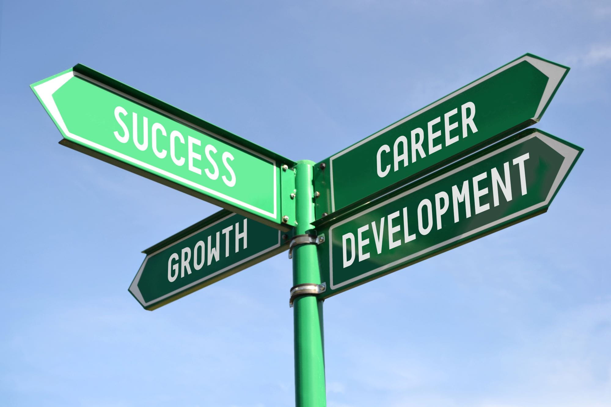 Picture of street sign with career, development, growth and success