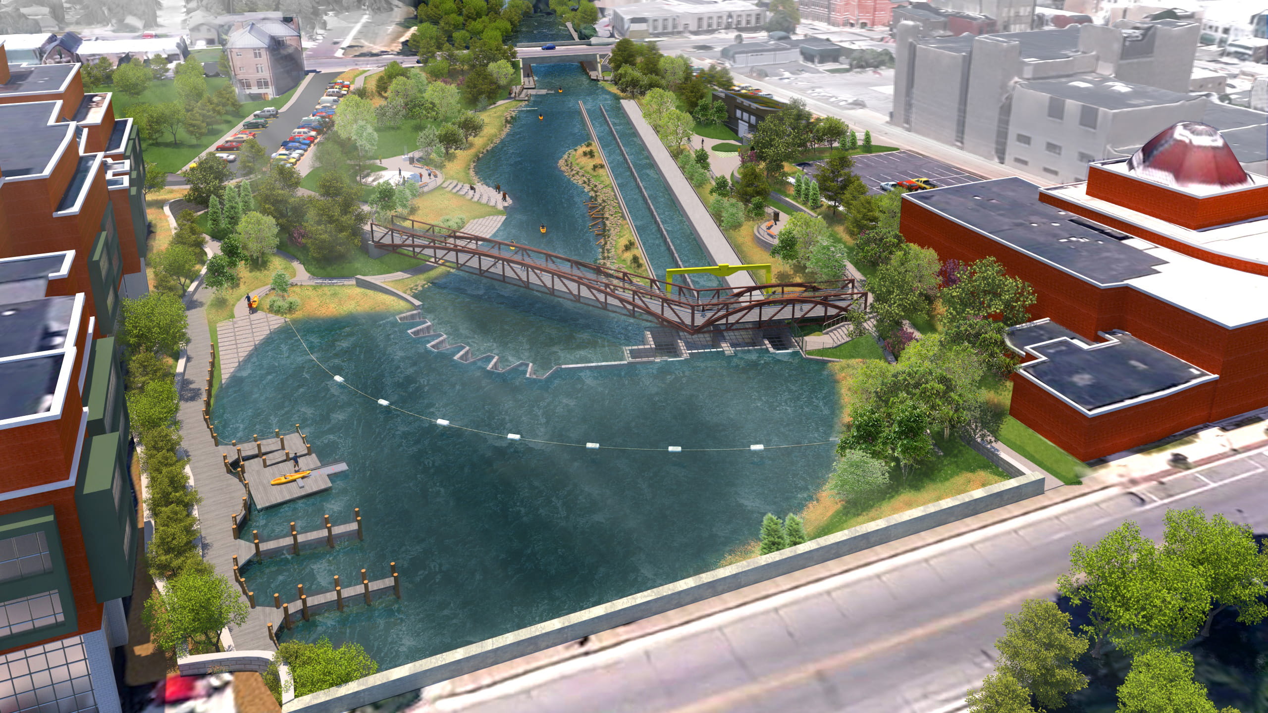 An artist rendering shows the FishPass project planned to replace Traverse City’s Union Street Dam, with help from $1 million from Michigan’s Dam Risk Reduction Grant Program. Photo courtesy of the Great Lakes Fishery Commission.