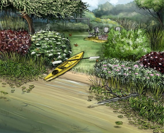 Illustrations of a kayak on the shoreline of an inland lake