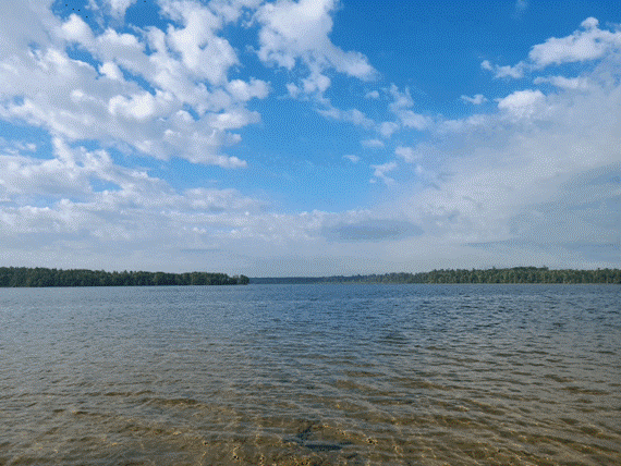 Inland lake view from the shore with blue skies and white fluffy clouds
