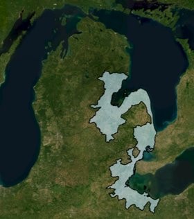 Map of the state of Michigan showing the coastal blueprint map areas in blue