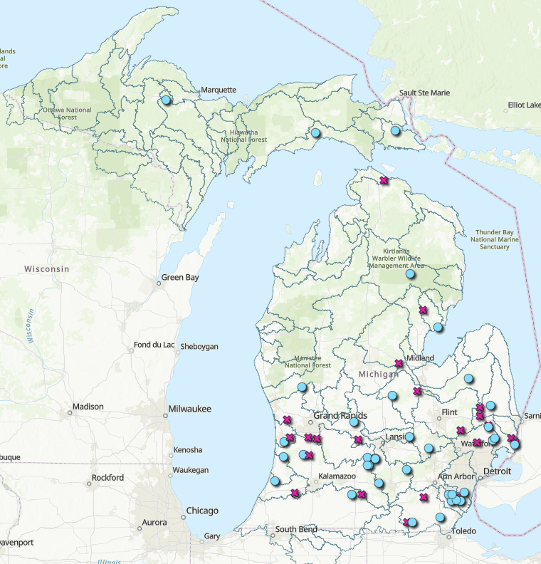 Statewide map showing the location of wetland mitigation banks throughout the state of Michigan.  