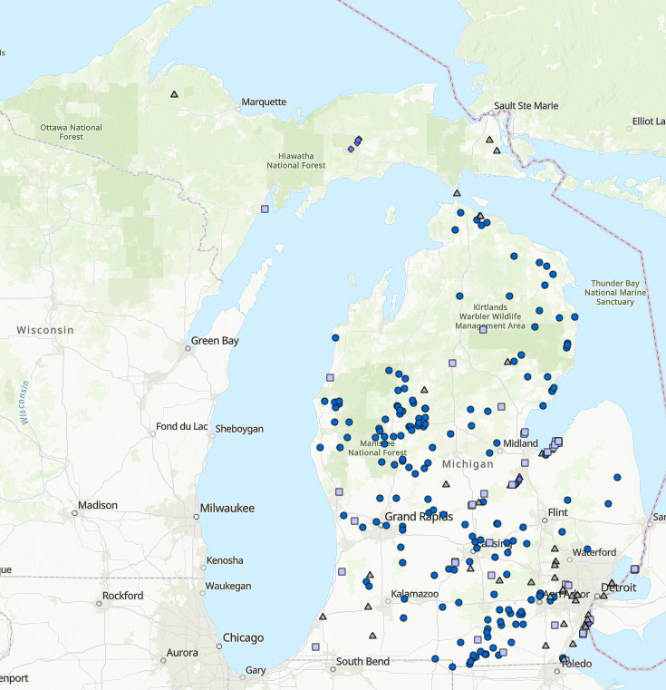 Voluntary Wetland Restoration Sites displayed on a state wide map of Michigan. 