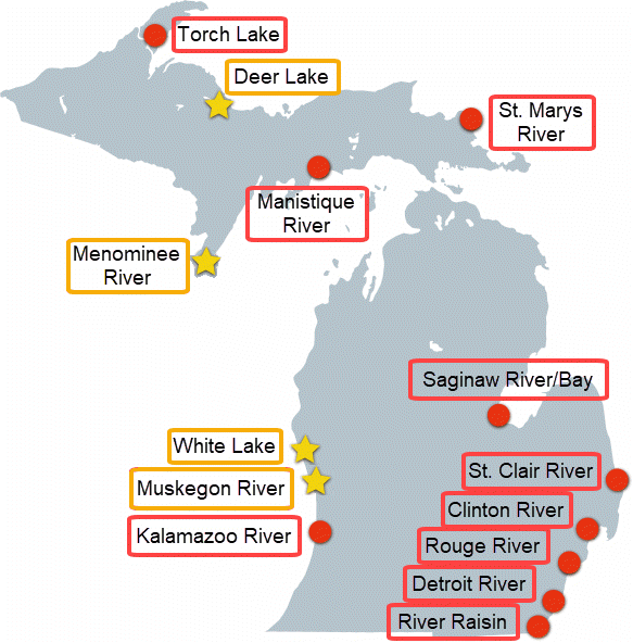 Map of Michigan's Areas of Concern with labels