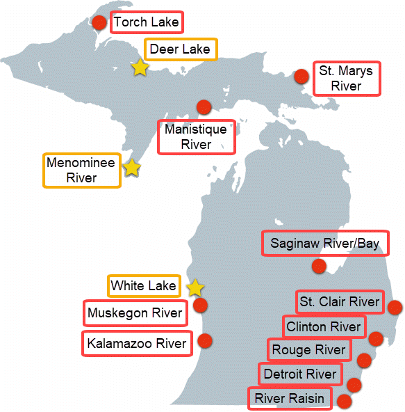 Map of Michigan's Areas of Concern with labels