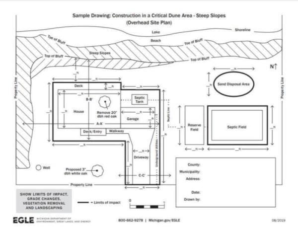 Application drawing showing construction criteria near the top of bluff of a critical dune.