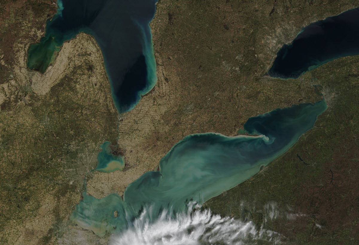 satellite image of Lake Erie showing a light color of the lake caused by a whiting event