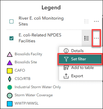 Filter tools can be accessed by selecting the ellipses next to a layer within the legend.