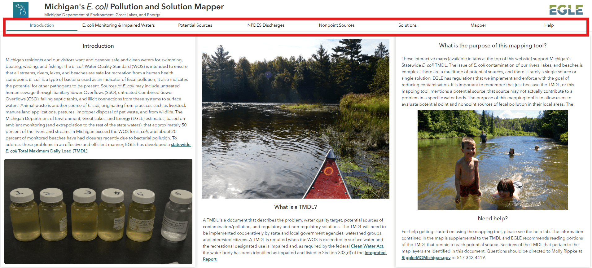 The E. coli Pollution and Solution mapper introduction page features navigational tabs along the top ribbon and is divided into three columns with text including contextual information about the application and E. coli pollution.
