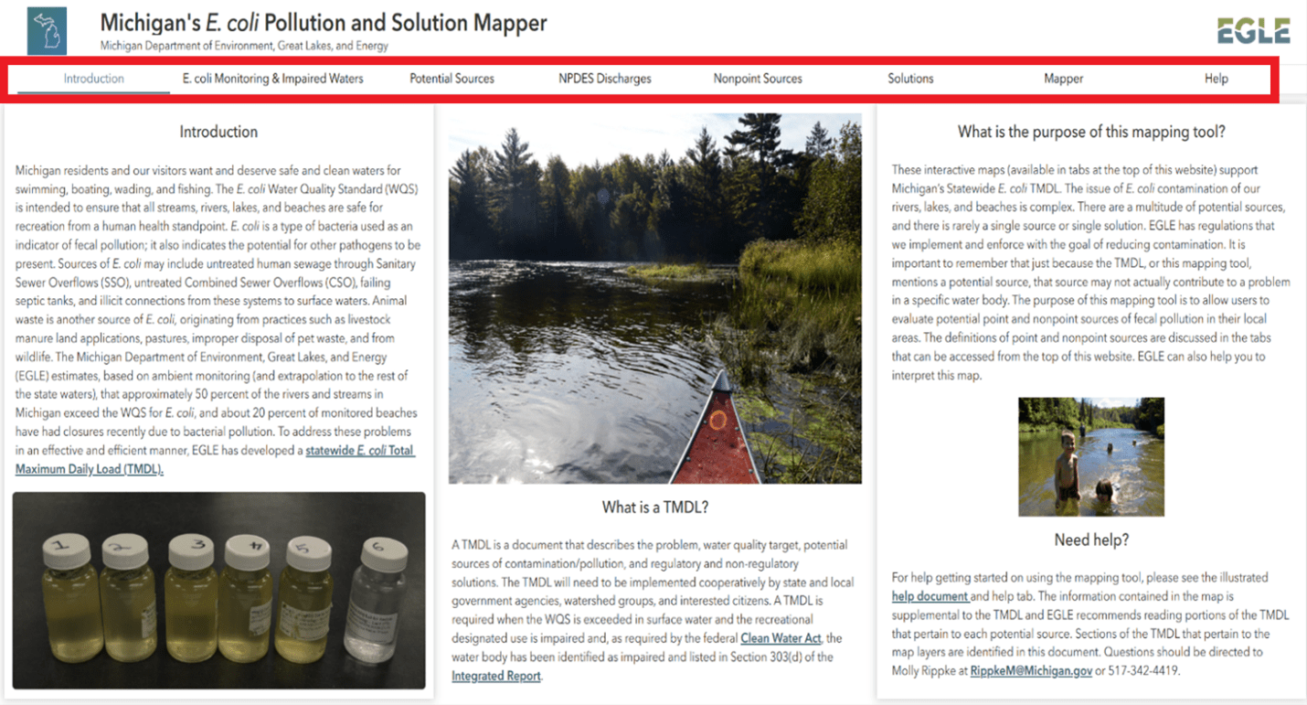 The E. coli Pollution and Solution mapper introduction page features navigational tabs along the top ribbon and is divided into three columns with text including contextual information about the application and E. coli pollution.