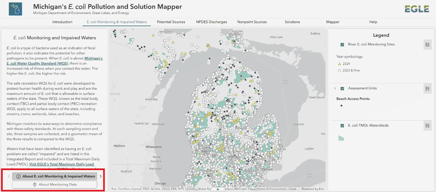 The E. coli Pollution and Solution mapper E. coli Monitoring and Impaired Waters page features navigational tabs along the top ribbon and is divided into three sections with text describing E. coli monitoring activities, a map in the center, and map legend to the right of the map. Two buttons in the bottom-left of the application are used to show metadata about the map layers.