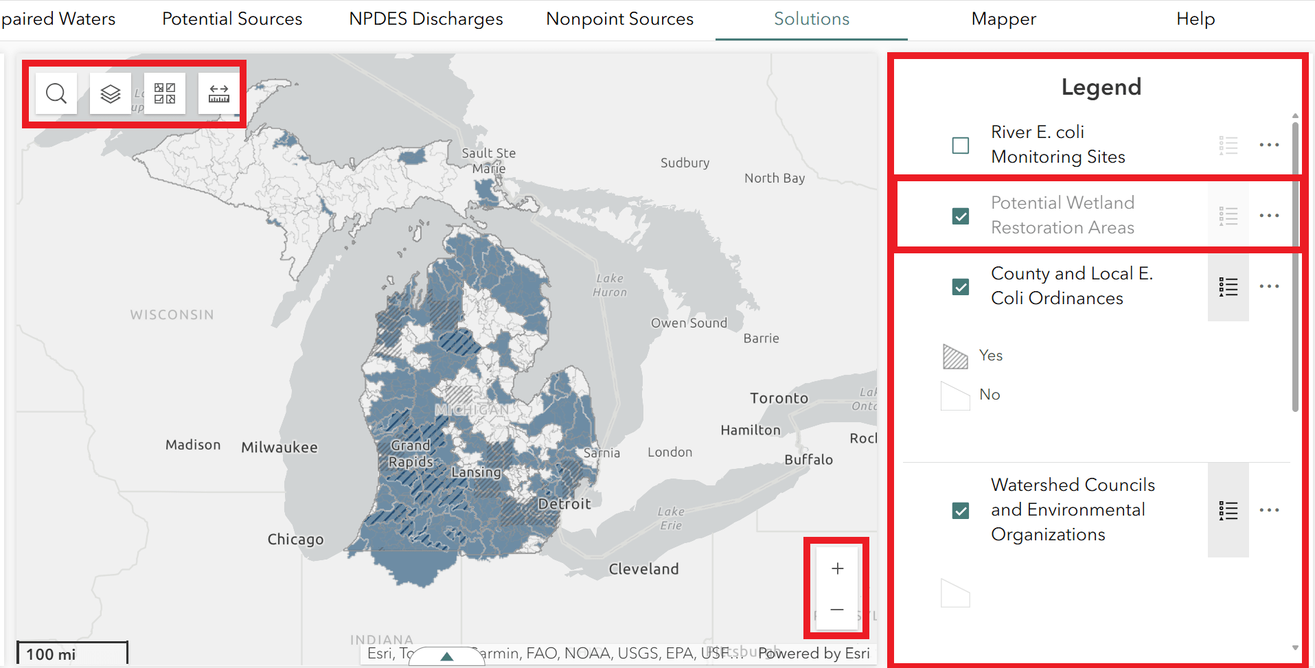 A web map within the E. coli Pollution and Solution mapper application featuring layers related to E. coli management solutions. Search, layer, basemap, and measuring tools can be found in the top-left, map navigation tools in the bottom-right, and a legend to the right of the map.
