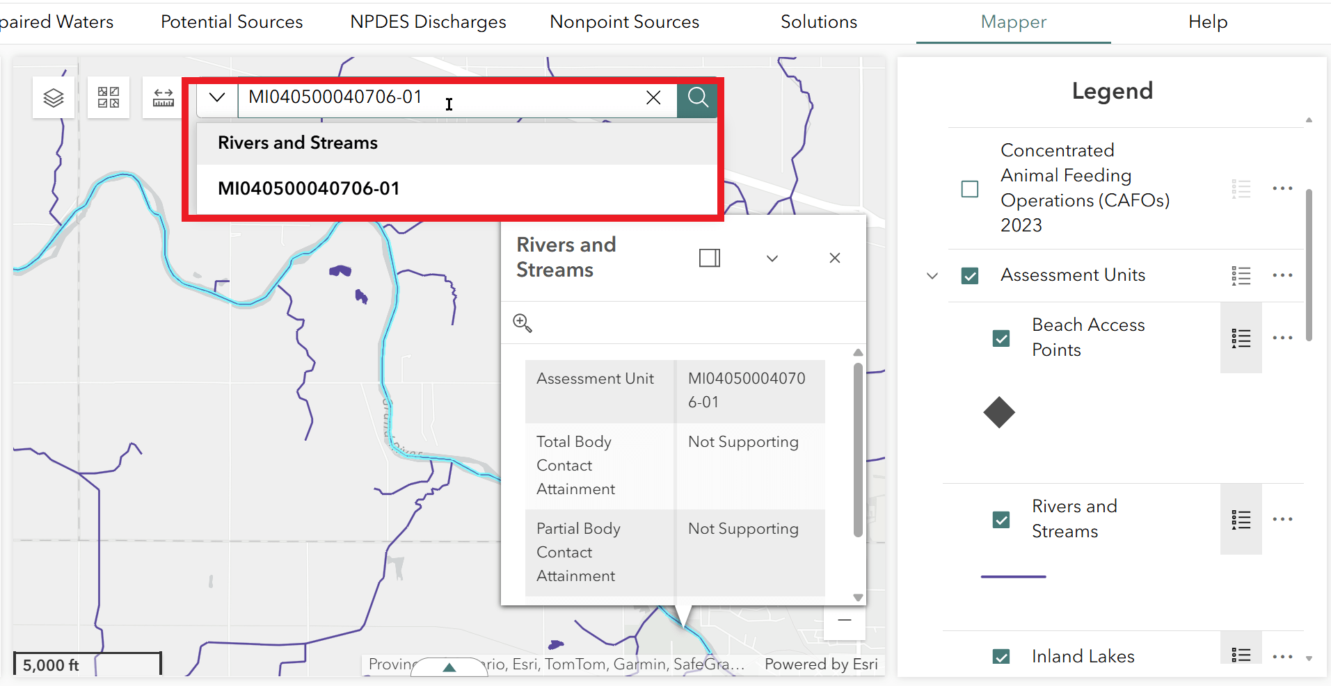 The E. coli Monitoring and Impaired Waters, and mapper tabs feature a search bar that can be used to find a specific Assessment Unit.