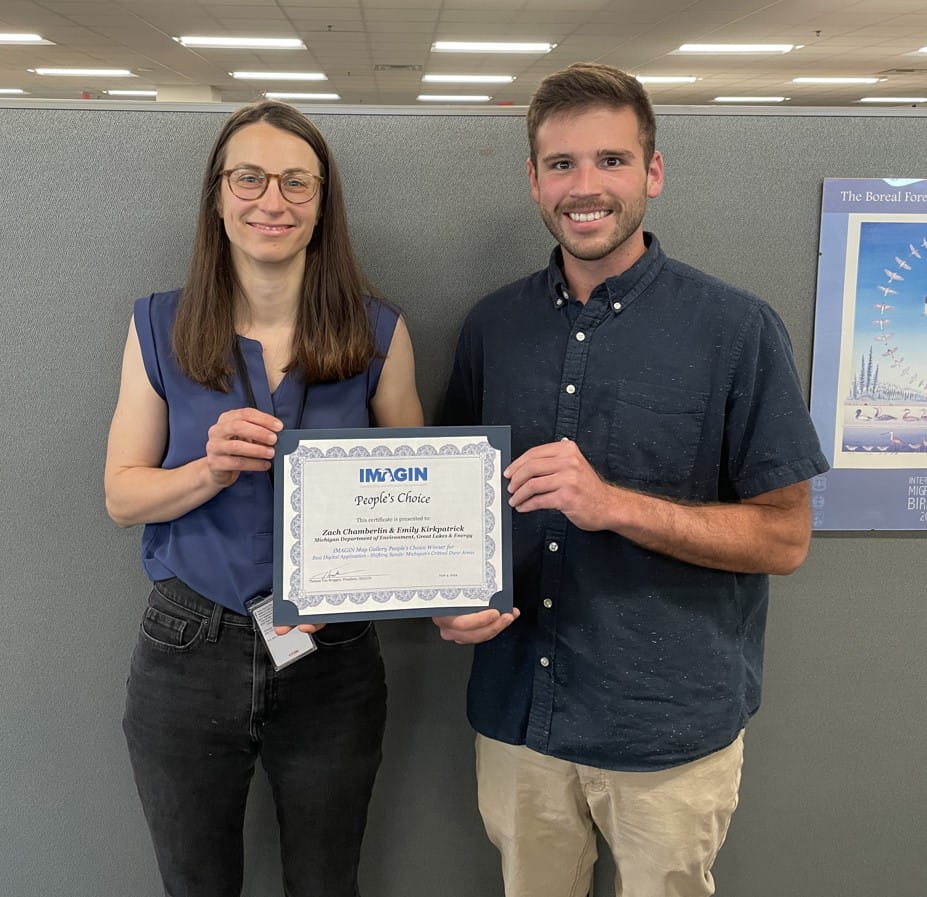 Emily Kirkpatrick and Zach Chamberlin of EGLE’s Water Resources Division received the “People’s Choice” award for their “Shifting Sands: Michigan's Critical Dune Areas” story map.