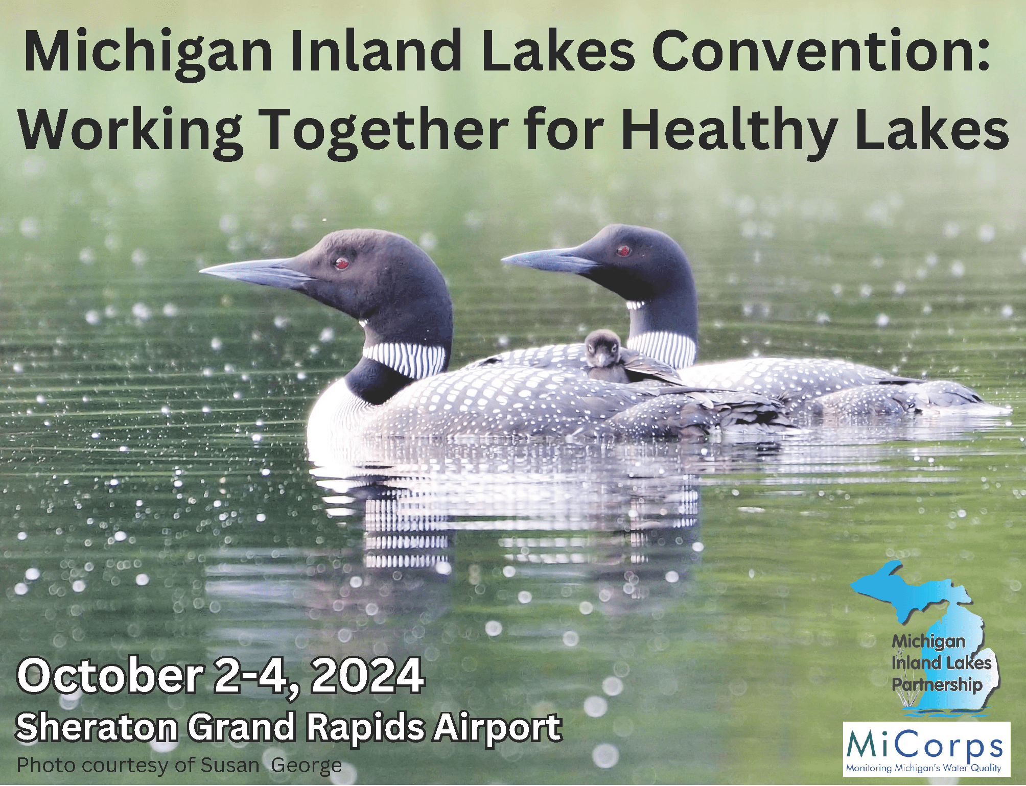 Michigan Inland Lakes Convention: Working Together for Healthy Lakes Oct. 2 to 4, 2024, Sheraton Grand Rapids Airport (with loons shown on the water)