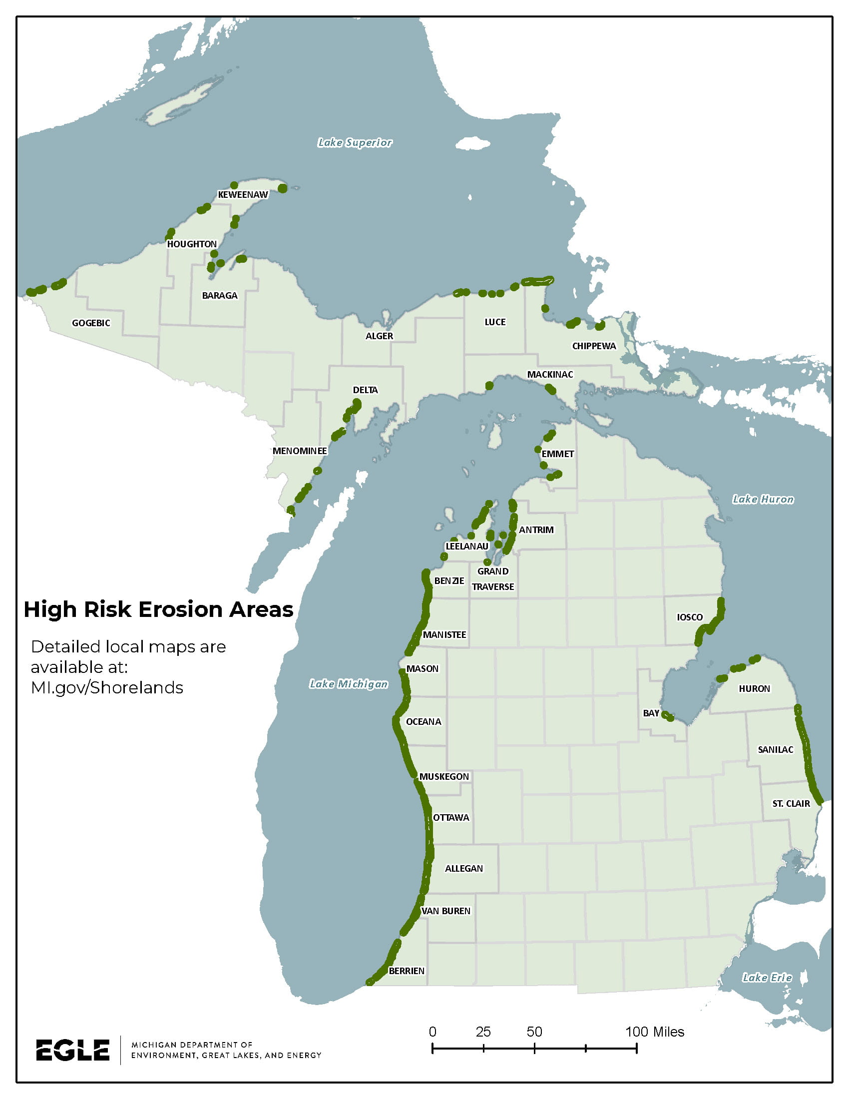Statewide map showing areas designated as High Risk Erosion