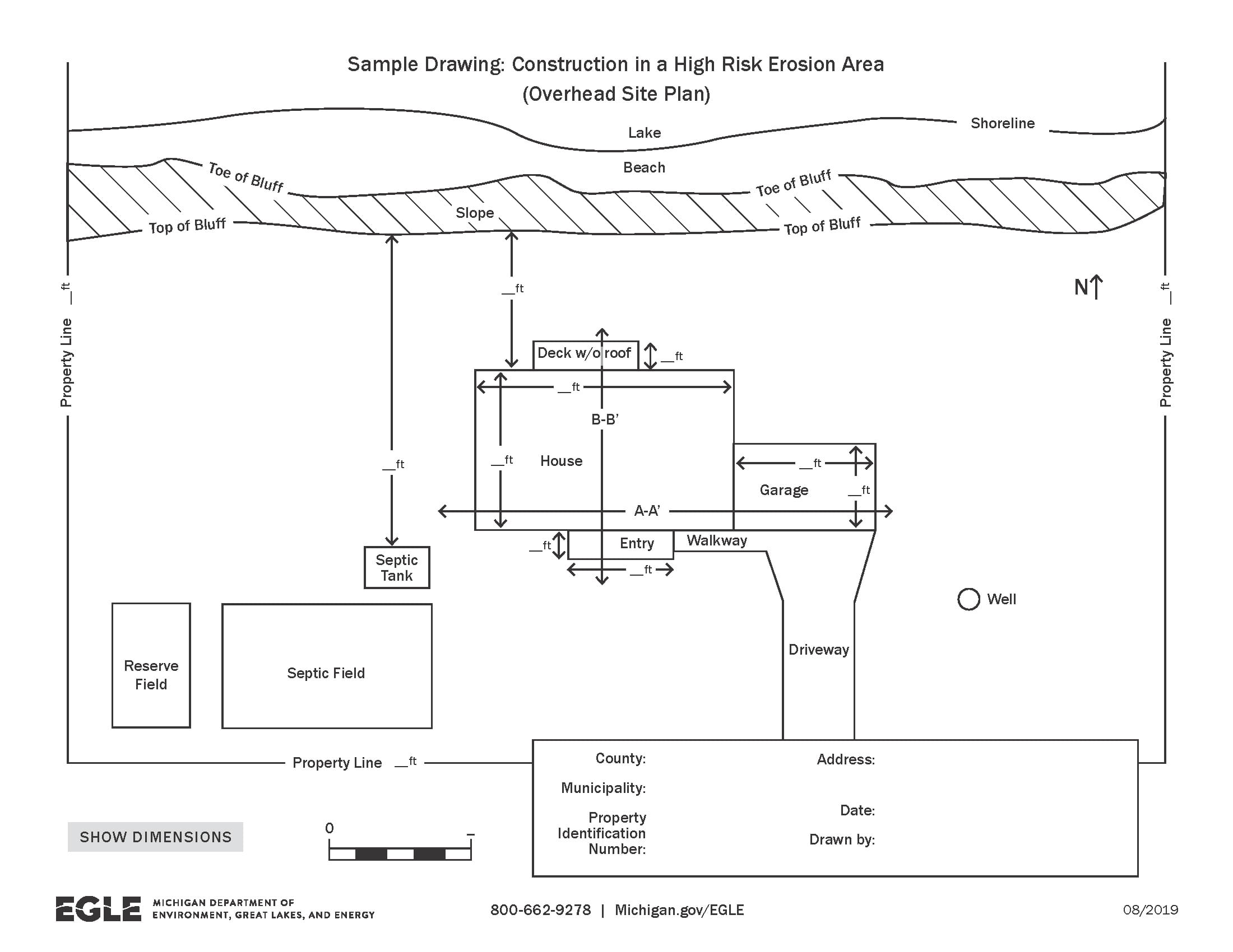 Drawing displaying setbacks related to a house location in a high risk erosion area