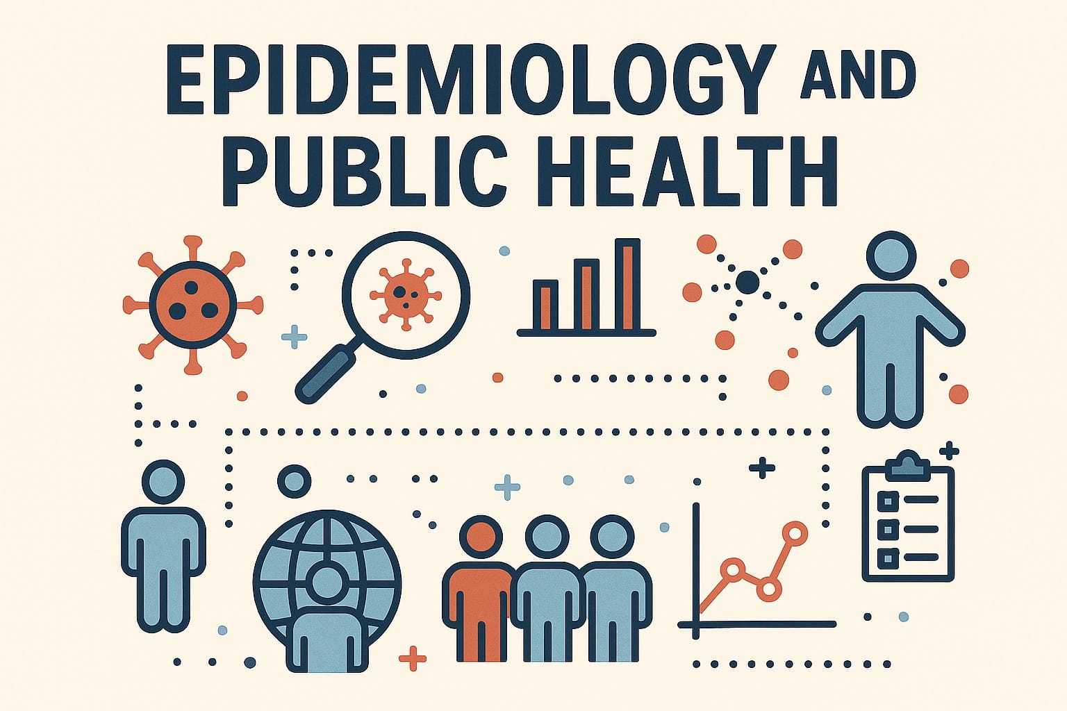 Graphic showing people with world, infectious diseases, magnifying glass and data graphs.