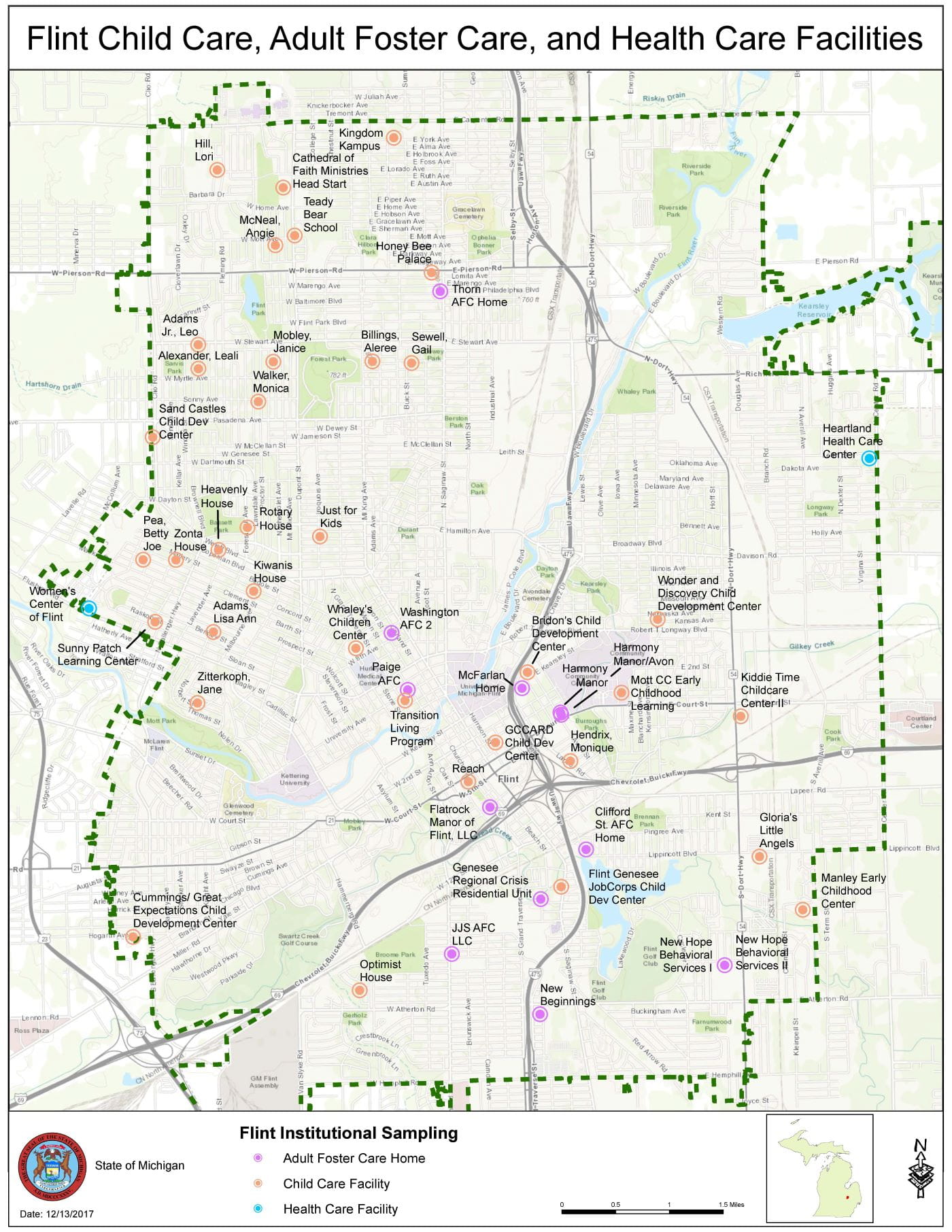 Map depicting location of Flint Child Care, Adult Foster Care, and Health Care Facilities