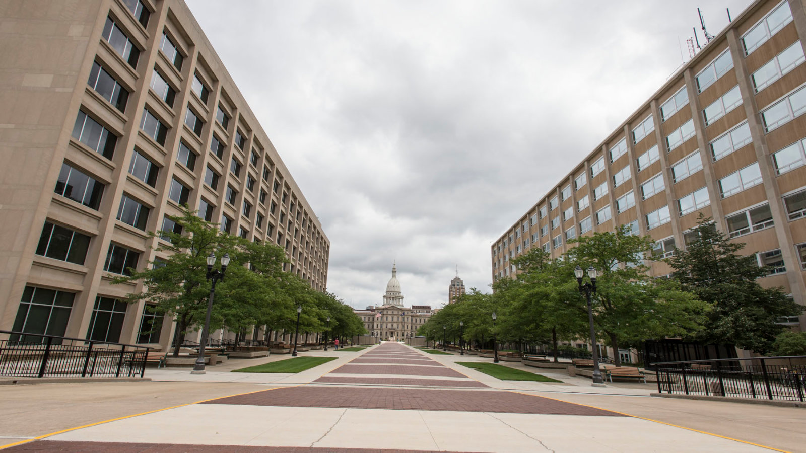 Photo of the Michigan State Capitol with state buildings nearby,