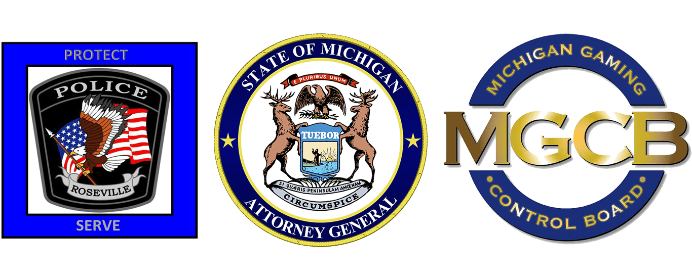 Roseville Police Department, MI AG, and MGCB logos