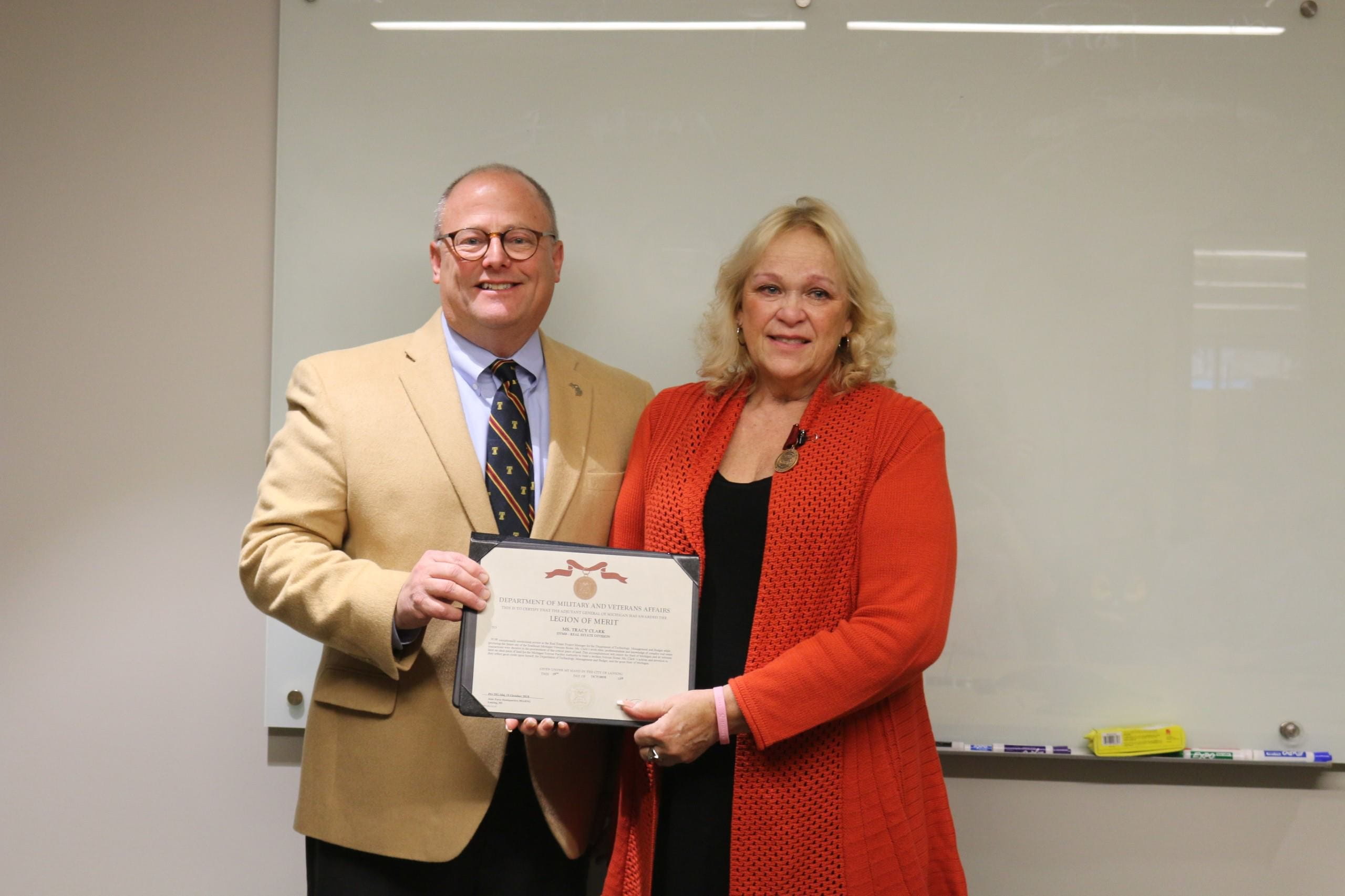 Tracy Clark, DTMB is recognized Nov. 28, 2018 by MVAA director James Redford. (Photo LN) Tracy Clark, DTMB is recognized Nov. 28, 2018 by MVAA director James Redford. (Photo LN)
