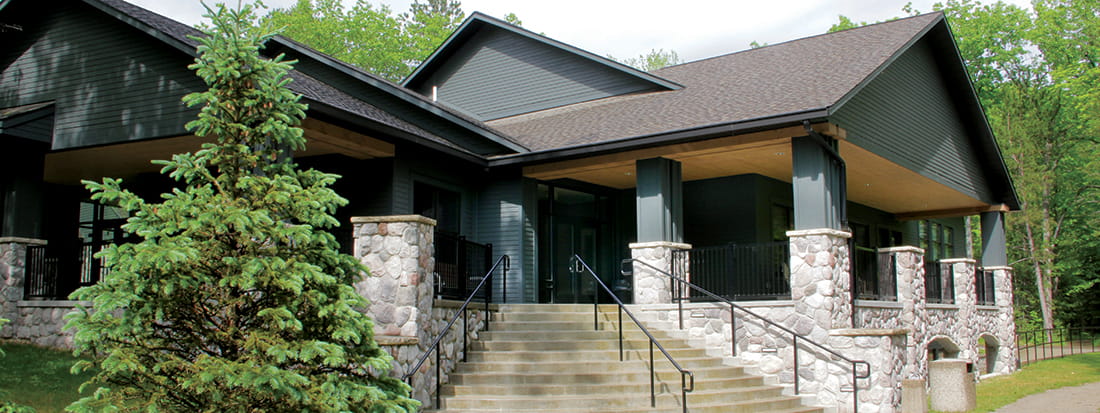 Outside front view of the Education Building at the RAM Center