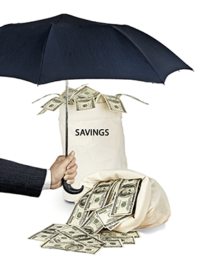 Umbrella over bags of money labeled Savings