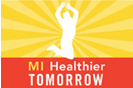 MI Healthier Tomorrow logo, depicting a white silhouette leaping in front of sunshine