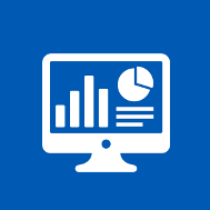 white drawing of computer monitor showing data graphs against blue background