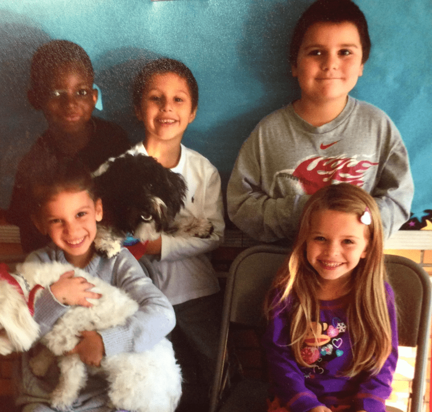 Paws for Success students with new friends, Maizie and Morgan Paws for Success students with new friends, Maizie and Morgan