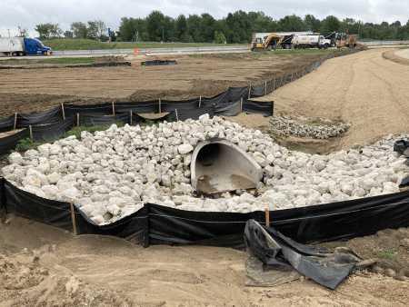 Soil erosion and sedimentation control measures implemented at a newly constructed storm water culvert