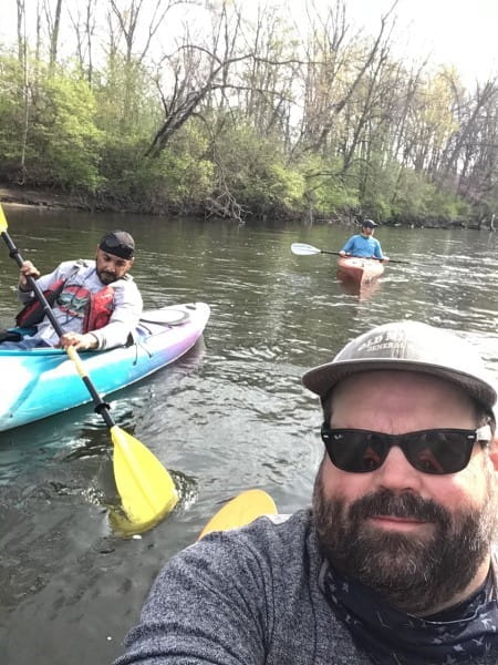 Eric Kerney and Robert Williams, both of the Nottawaseppi Huron Band of the Potawatomi, and Derek Haroldson of EGLE on a Kalamazoo River paddle survey. Credit: NHBP
