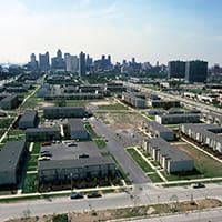 A bird's eye view of Lafayette Park looking east toward the Detroit River. A bird's eye view of Lafayette Park looking east toward the Detroit River.