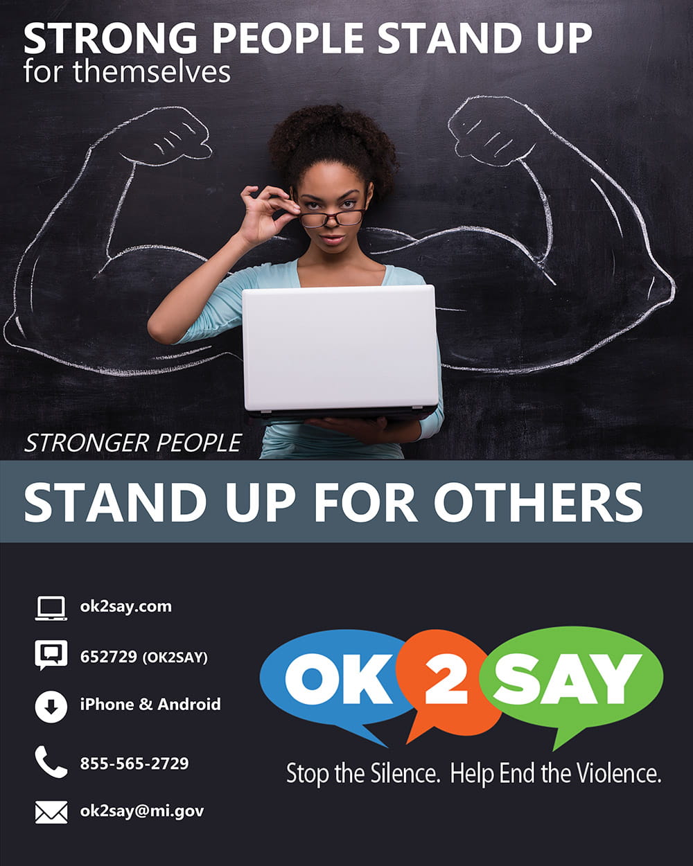 Young afro-american woman with laptop on chalkboard background. Two strong muscular arms painted on chalkboard