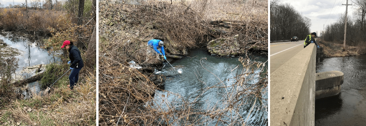 three images of staff on banks of streams reaching to collect a water sample
