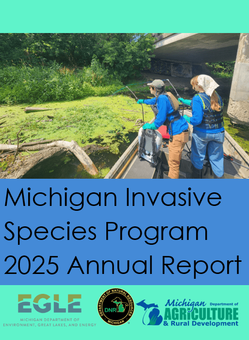 Invasive Species Program 2025 Annual Report cover including a photo of two workers on a small boat spraying aquatic invasive species.
