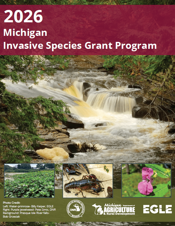 The 2026 MISGP handbook cover featuring an image of a waterfall and inset images of water-primrose, red swamp crayfish and purple jewelweed.