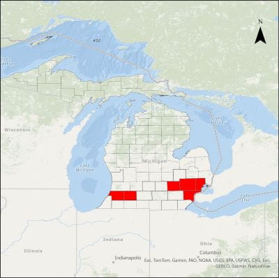 A map of Michigan showing counties with invasive red swamp crayfish detections in red.