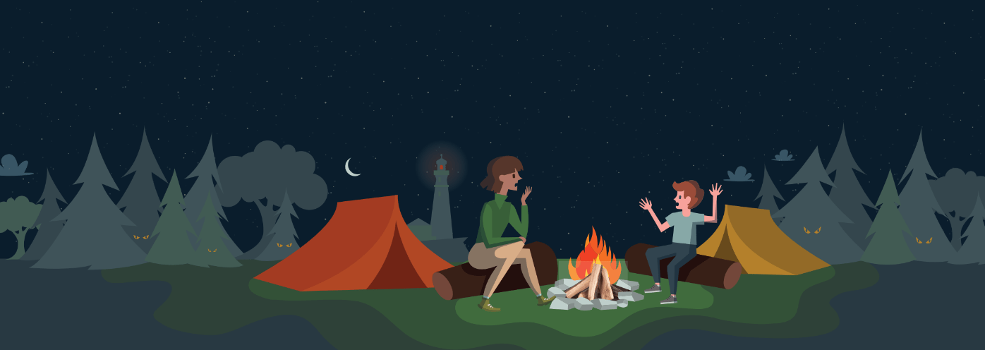 A graphic of a nighttime camp scene with two people around a campfire, two tents, and dark woods in the background.