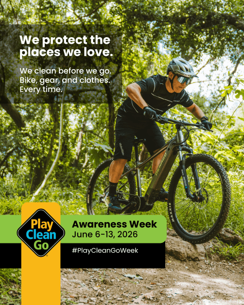 A man riding a bike on a forest trail with the caption "We protect the places we love. We clean before we go. Bike, gear and clothes. Every time.”