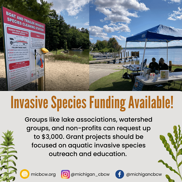 An infographic announcing "Invasive Species Funding Available!" beneath two lakeshore photos.