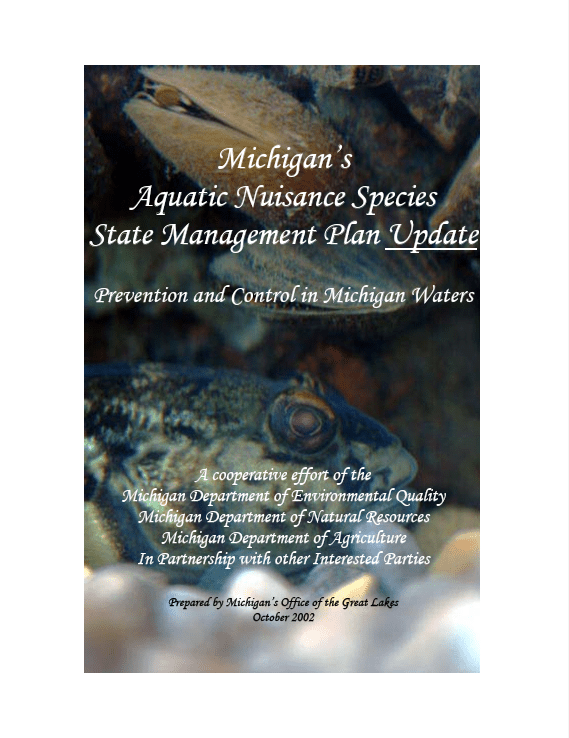 A photo of a fish and invasive mussel underwater with the title: Michigan's Aquatic Nuisance Species State Management Plan Update - Prevention and Control in Michigan's Waters.