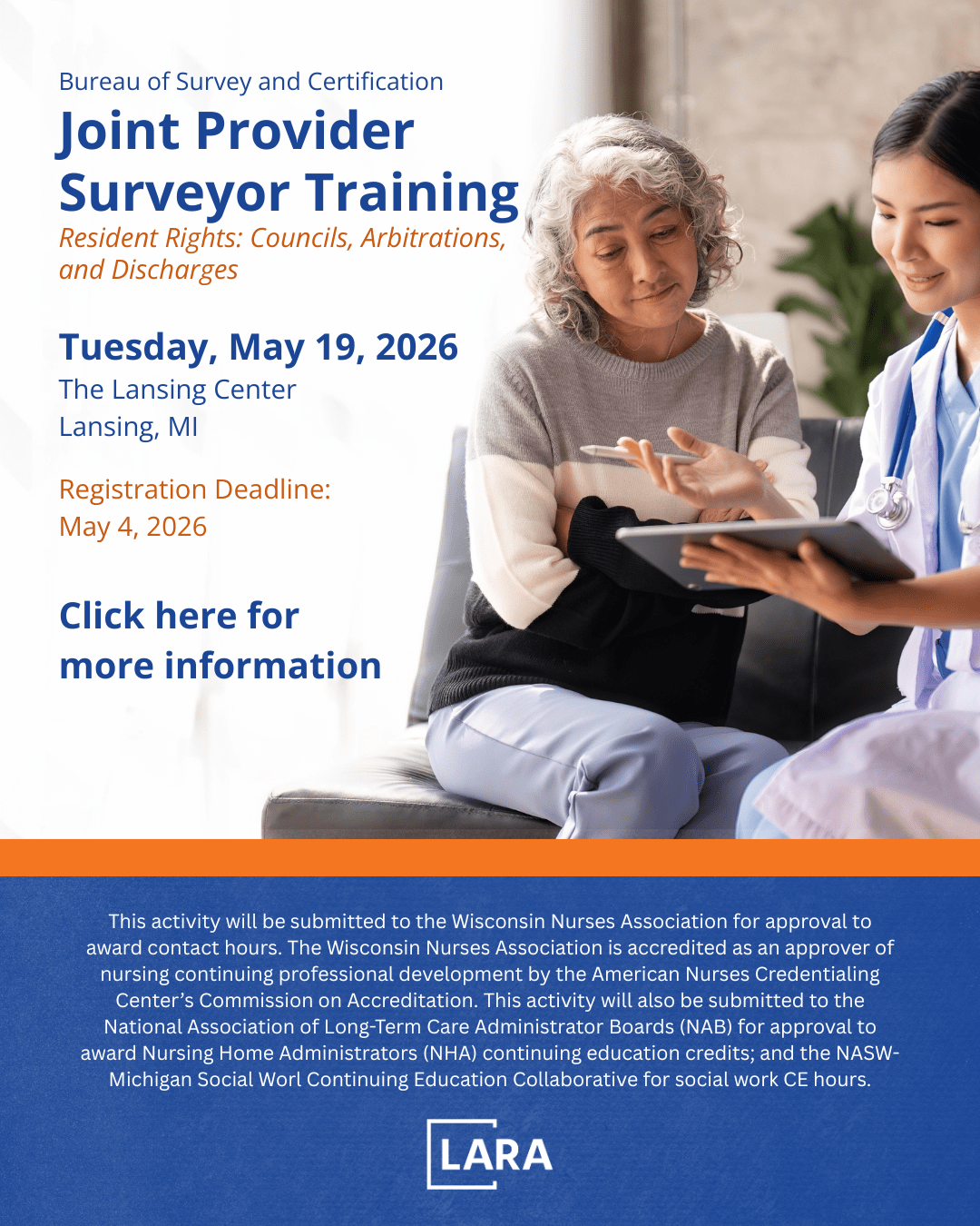 Joint Provider Training Brochure- Woman talking to nurse in blue scrubs