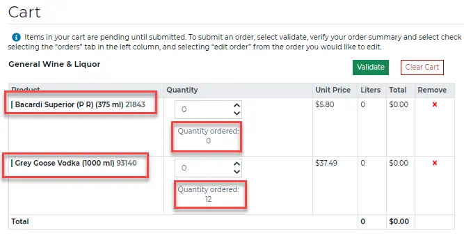 Cart screen