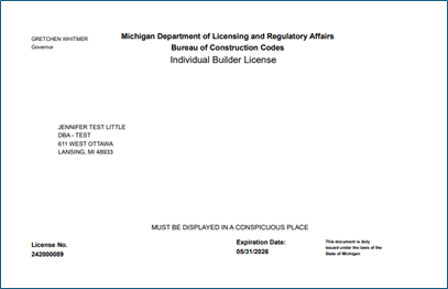 Scanned copy of a builders license from the bureau of construction codes
