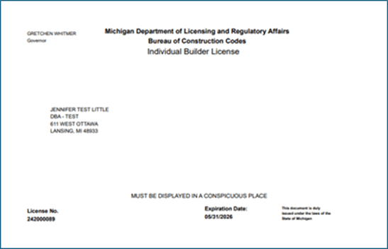 Scanned copy of a builders license from the bureau of construction codes