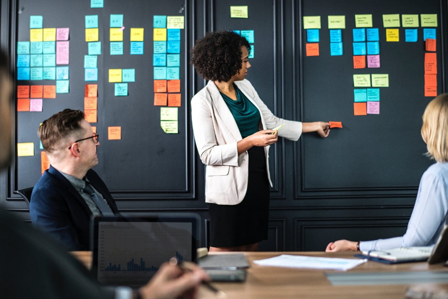 Three business professionals looking at a chart