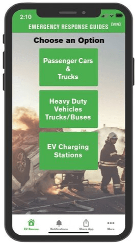 Cell phone depicting EV emergency response guide options