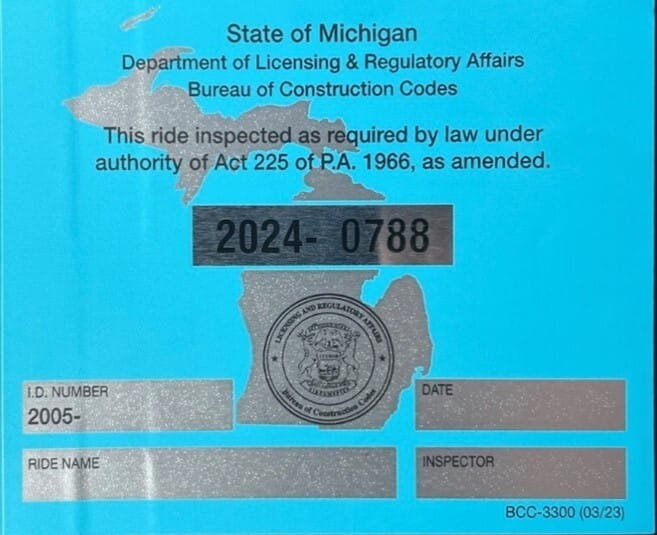 A Certification of Ride Inspection Label